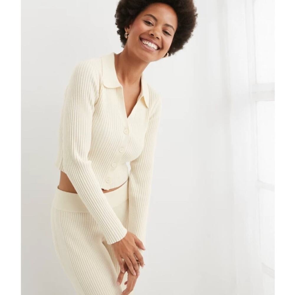 AERIE Gotta Jet Polo Sweater Toasted Coconut XL